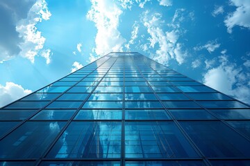 Fototapeta na wymiar Skyward view of a towering glass skyscraper, reflecting the clouds and blue sky in a celebration of modernity