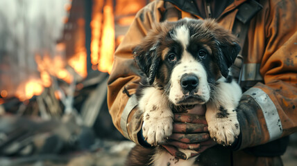 firefighter rescued St. Bernard puppy from a burning house. Portrait of a frightened puppy in the arms of fireman.