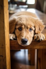 Cute Golden Retriever Puppy lying on the wooden table