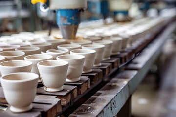 Ceramic cups on assembly line in porcelain manufacturing plant. - obrazy, fototapety, plakaty