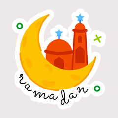 Trendy typographic sticker of ramadan moon, flat style 