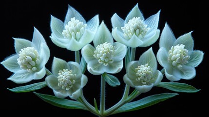 Group of Edelweiss flowers with furry petals and leaves on black background. Edelweiss is a mountain flower rare flowering plant in Leontopodium genus native.