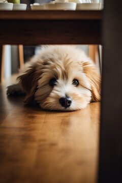 Cute Shih Tzu puppy lying on the floor at home