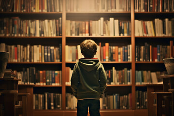 Generative AI photo of adorable cute little child in library with many books