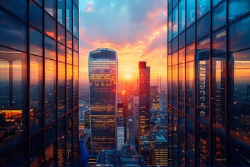 Magnificent cityscape with skyscraper windows reflecting the vivid colors of sunset representing urbanization and growth
