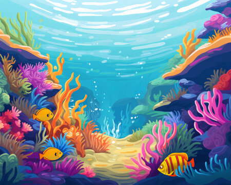 A serene underwater scene showcasing a school of colorful fish