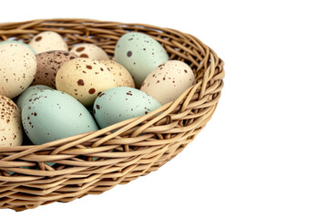 Naklejka na ściany i meble Wicker basket with painted quail eggs, Easter concept, isolated
