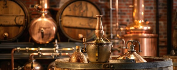 Fototapeta na wymiar Vintage distillation equipment on wooden barrel in an old brewery.