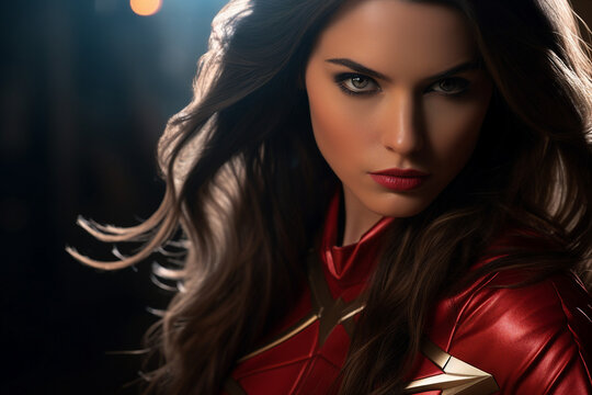 Generative AI image of attractive woman in red blue superhero costume