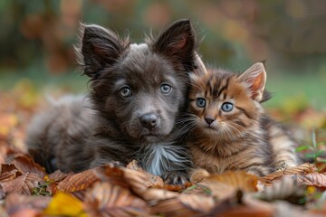 An adorable kitten nestled amongst vibrant autumn leaves, with a blurred square obscuring the feline's face for privacy