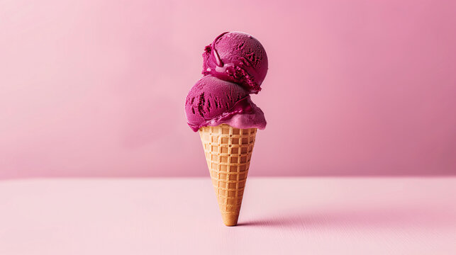 Cono de helado de fresa o frambuesa  sobre un fondo rosa claro
