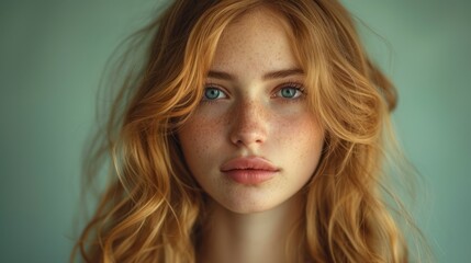 A Close-Up of a Woman's Face, The Beauty of Red Hair, Gazing into the Camera with Blue Eyes, A Portrait of a Young Lady.
