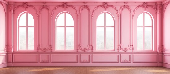 An empty room with pink walls and windows, featuring ornate pink wall cornices. The sunlight softly illuminates the room, creating a serene atmosphere.