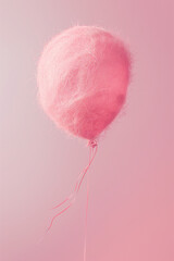 Pink fur balloon floating over pink background. Minimal concept.