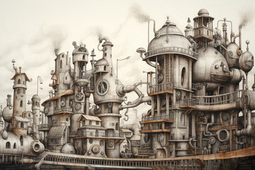 Hand-drawn Steampunk Cityscape