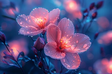 This striking image captures the delicate beauty of flowers with raindrops on petals, set against a dreamy blue background