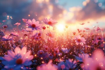 Fototapeta na wymiar A radiant field of cosmos flowers basking in the soft light of the golden hour, casting a romantic and warm setting in nature