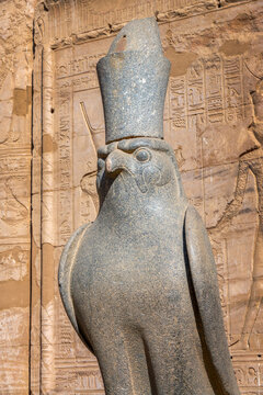 Ancient Falcon statue of egyptian god Horus in the temple of Edfu on the Nile river West bank, Egypt