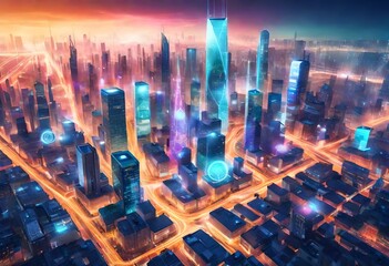 a smart city skyline illuminated with connecting networks and Internet 