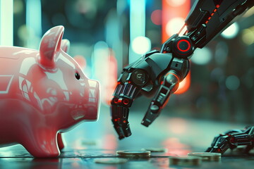 A robot hand and a piggy bank - obrazy, fototapety, plakaty