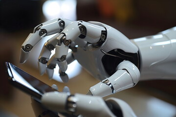 Robot hands holding and using a mobile phone