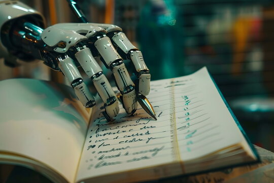 A robot hand writing in cursive in a notebook