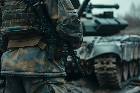 Closeup of an armored soldier standing next to a tank
