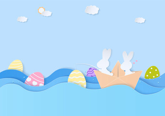 Fototapeta na wymiar Rabbits and easter eggs in the waves background