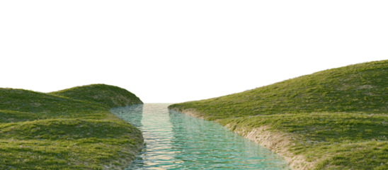 Serene River Flowing Through Green Hills. 3D rendering.