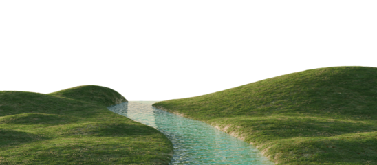 Serene River Flowing Through Green Hills. 3D rendering.