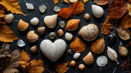 group of seashells and leaves in the shape of a heart on a black marble background