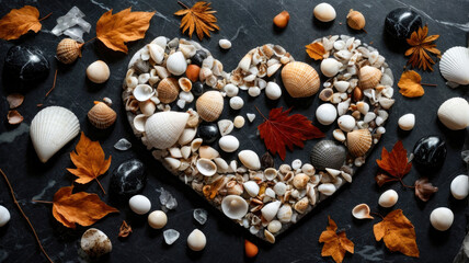 group of seashells and leaves in the shape of a heart on a black marble background