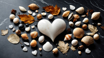 group of seashells and leaves in the shape of a heart on a black marble background