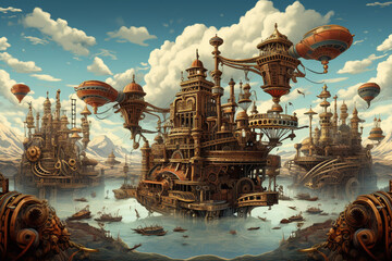 Steampunk Airships and Gears Illustration