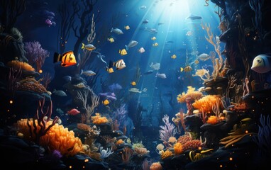 Fototapeta na wymiar Colorful fish swim among vibrant corals in a lively underwater scene
