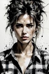 A beautiful black and white drawing of a portrait of a girl with messy hair. Generative AI