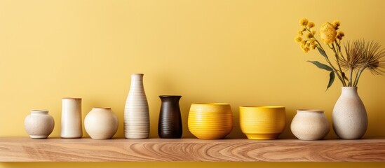 Fototapeta na wymiar A collection of vases and bowls in various shapes, sizes, and materials, including wood and ceramic, resting on a rustic wooden shelf against a yellow background.