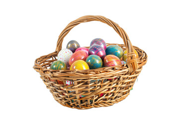 Fototapeta na wymiar Decorative Easter eggs in wicker basket, transparent background - festive gift