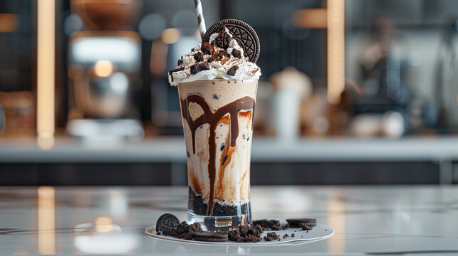 Decadent Chocolate Buscuit Milkshake in Glass with Whipped Cream