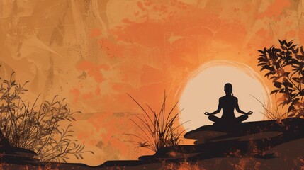 Mental Wellness icon with a nature-inspired theme, digital art, silhouette of a person in yoga pose within a calming sunset.
