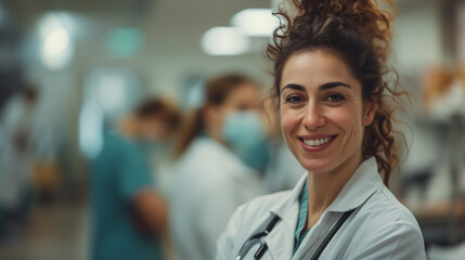 Fototapeta premium Smiling healthcare team of doctors and nurses, a successful collaboration in a hospital office, care, patient health