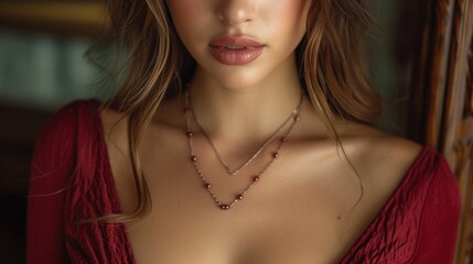 A Woman with Red Necklace and Long Hair., A Beautiful Young Lady in a Red Dress., Portrait of a Woman Wearing a Red Blouse and Necklace., Close-up of a Woman's Face with Necklace and Makeup..