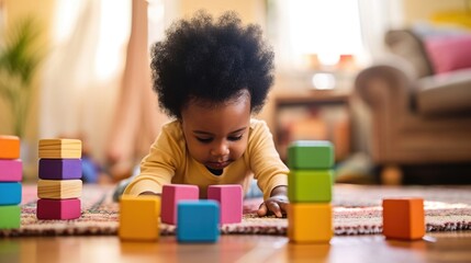 A photo of an African-American kid playing with colorful cubes and toys lying on the floor