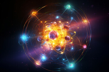 atomic nucleus, electrons, neutrons, protons, neon, irradiation science, dark background