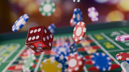 Dice and colorful poker chips in mid-air over a casino t