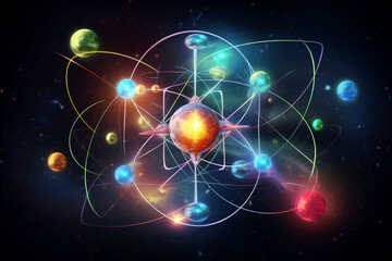 atomic nucleus, electrons, neutrons, protons, neon, irradiation science, dark background - obrazy, fototapety, plakaty