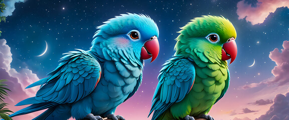 Beautiful night sky and macaw. Two parrots with blue and green feathers are sitting side by side. Bird illustration in vector style.