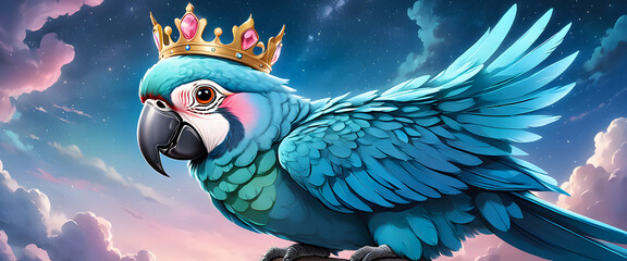 A blue parrot wearing a crown. Beautiful sky and a macaw. Bird illustration in vector style.