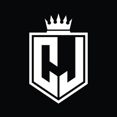 CJ Logo monogram bold shield geometric shape with crown outline black and white style design