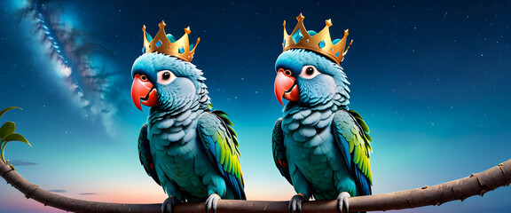 Two parrots wearing crowns. Macaws with blue feathers looking at the same place. Beautiful sky and parrot. Bird illustration in vector style.
